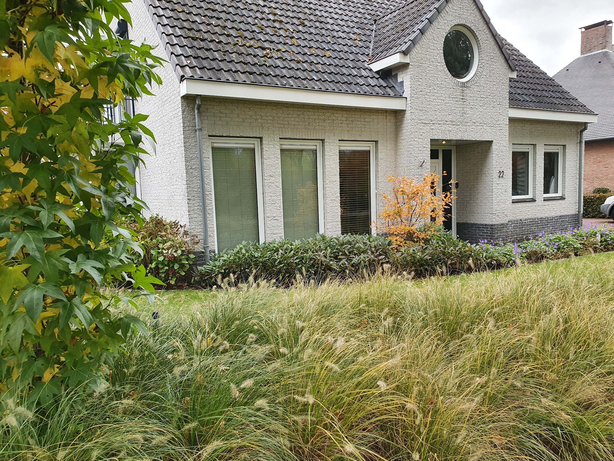 Voortuin met siergrassen voor een wit huis